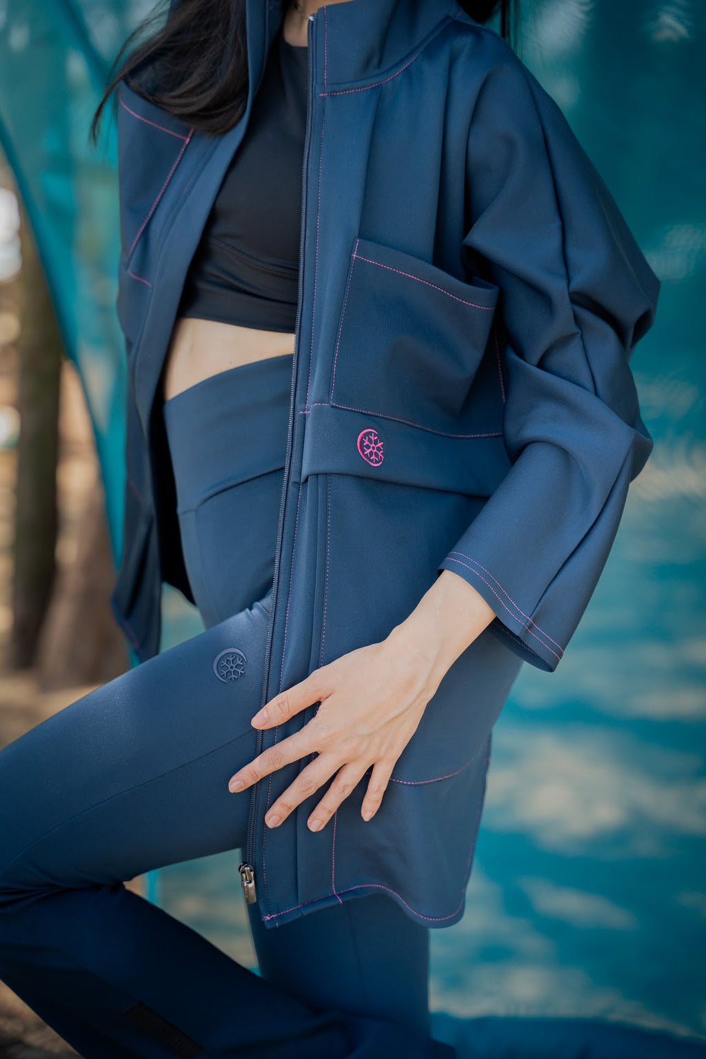 Navy Blue Pink Stitch Oversized Parka Jacket