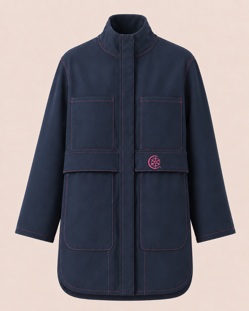 Navy Blue Pink Stitch Oversized Parka Jacket