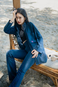 Navy Blue Pink Stitch Oversized Parka Jacket